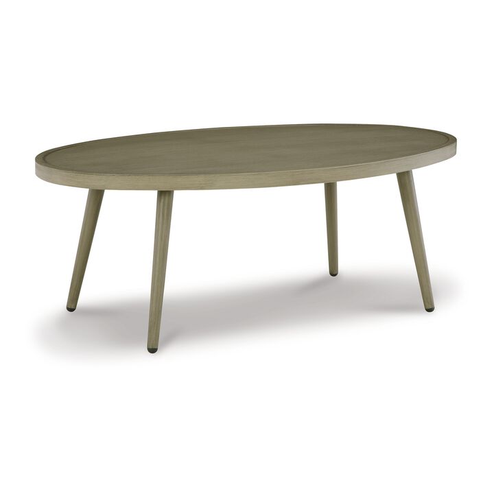 Sven 48 Inch Outdoor Coffee Table, Oval Top and Aluminum Frame, Brown - Benzara