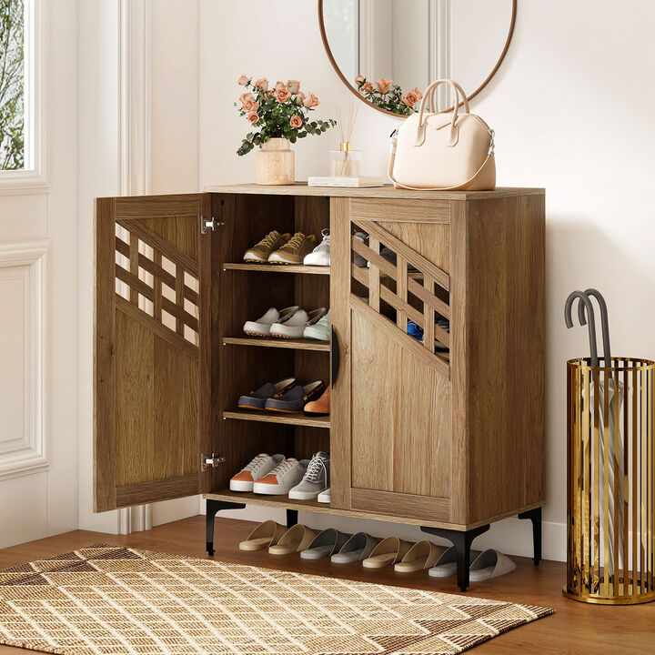 Farmhouse 4-Tier Shoe Storage Cabinet with Metal Legs and Removable Shelves - Walnut & White