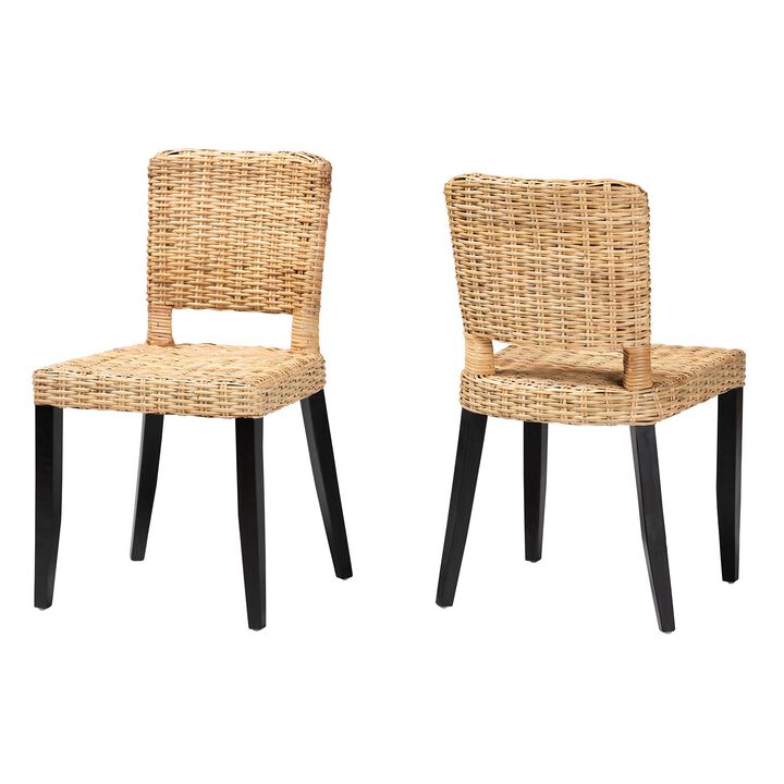 Baxton Studio Dermot  Dark Brown Finished Wood and Natural Rattan 2 Piece Dining Chair Set