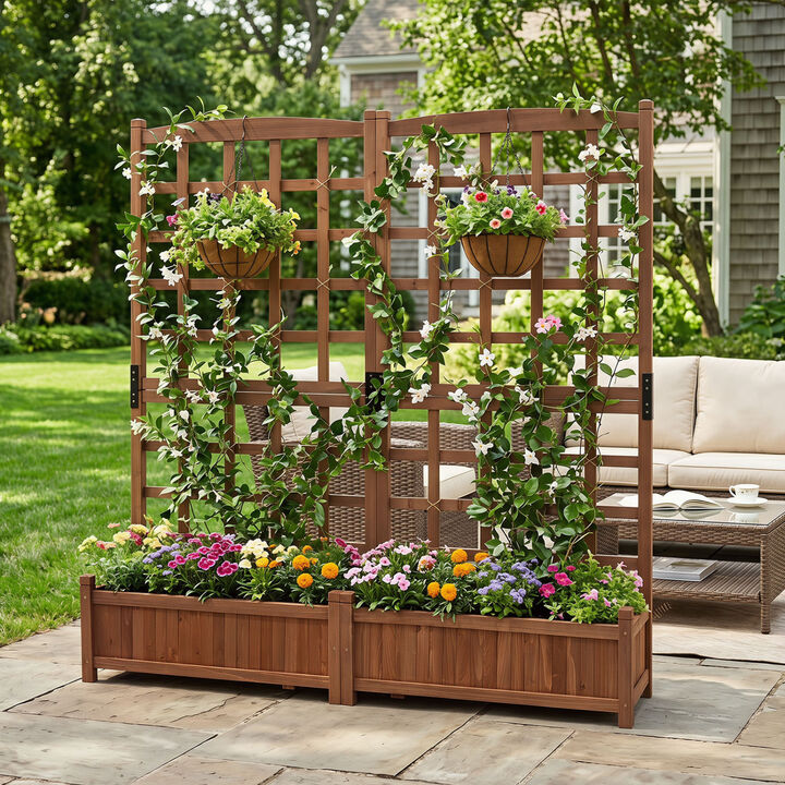 Dual Wooden Raised Garden Bed with Trellis and Drainage Holes