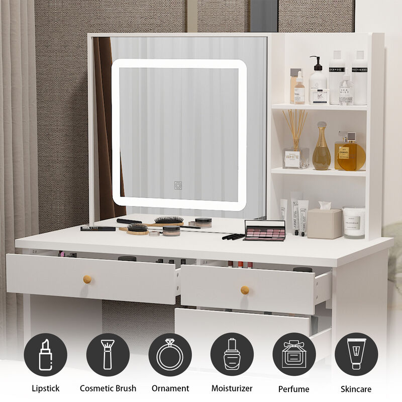 5-Drawers White Makeup Vanity Sets Dressing Table Sets with LED Dimmable Mirror, Stool and 3-Tier Storage Shelves