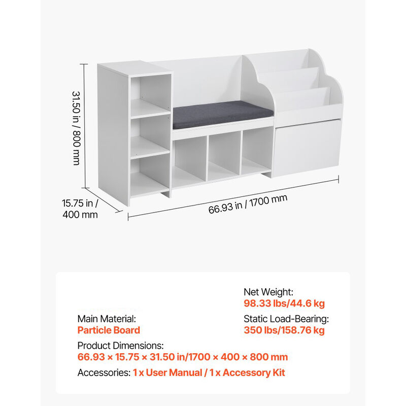 Wooden Kids Storage Bench Reading Nook with Bookshelf, Toy Box Organizer for Kids Room image number 2