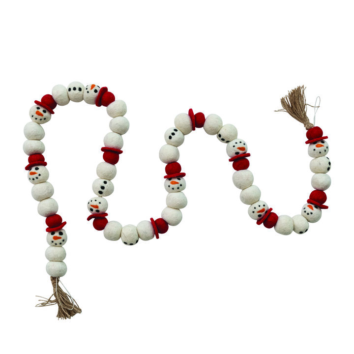 Handmade Wool Felt Snowman Garland with Jute Tassels, Multicolor