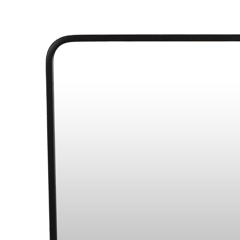 Elpis Wall Mirror Decor with Woven Shelf, 20 Inch Tall Black Metal - Benzara