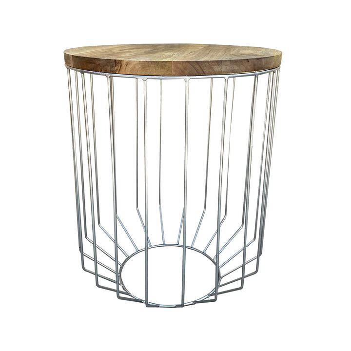 25 Inch Mango Wood Round Side End Accent Table, Tapered Slatted Cage Design, Handcrafted, Natural, Chrome-Benzara