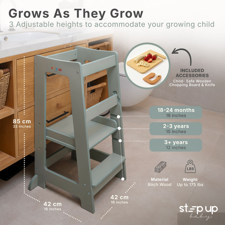 Stepup Baby&reg; Adjustable Toddler Tower - Green Wooden Step Stool for Kids | Toddler Standing Tower with Child-safe Chopper & Chopping Board for 18M-4Y