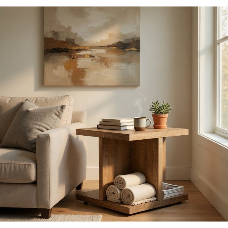 Chet Square End Table with Open Cube Base, Mango Finish Wood 24 Inch image number 8