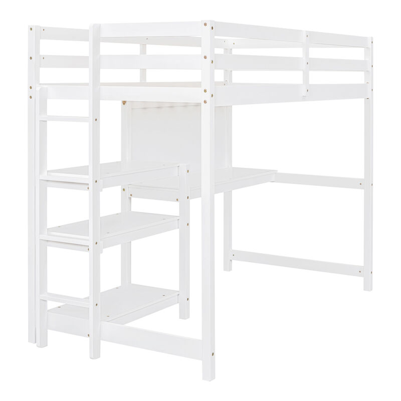 Twin Size Wooden Loft Bed with Shelves, Desk and Writing Board - White