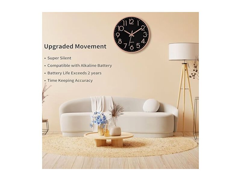 Gold Black Wall Clock 12 Inch Silent Non Ticking Modern Battery Operated image number 2