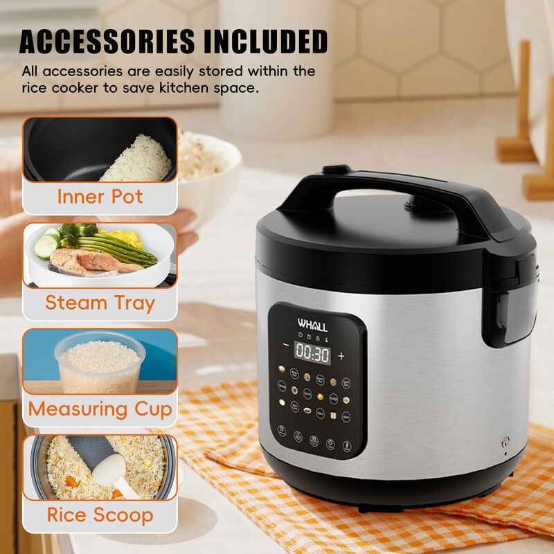WHALLULTRA 10-Cup Digital Rice Cooker & Steamer, 20-Cup Cooked Capacity, Multi-Function with Slow Cook & Oatmeal Settings, Auto Keep Warm image number 3
