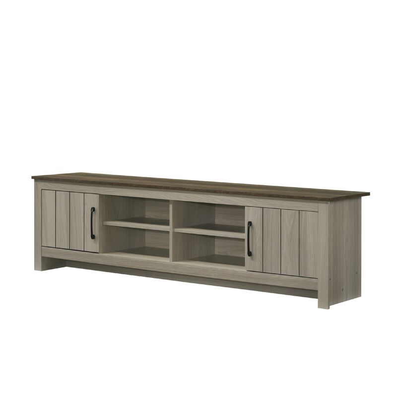 Nena TV Stand Cabinet, 2 Cabinet Doors, Brown Wood Top, Oak Gray - Benzara