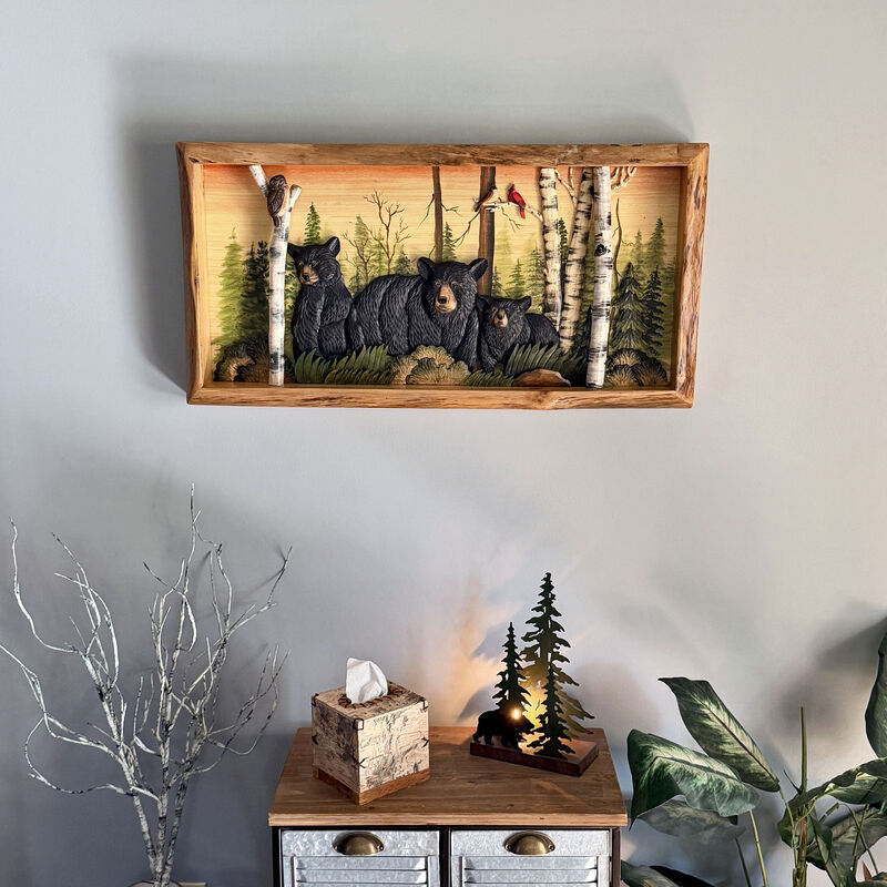 Rustic Bear Family in Woods Intarsia Wood Wall Sculpture 35.5x18 Indoor image number 5