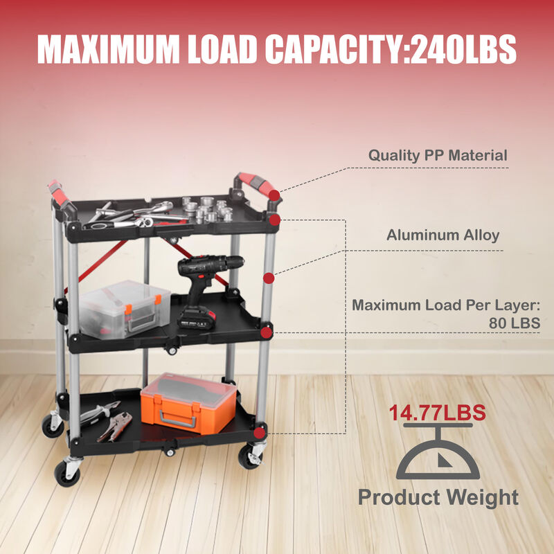 ELEMENT ACE Foldable 3-Shelf Heavy Duty Rolling Utility Cart with Swivel Wheels Ergonomic Handle Portable Transport Cart for Garage Office Home Warehouse Use image number 5