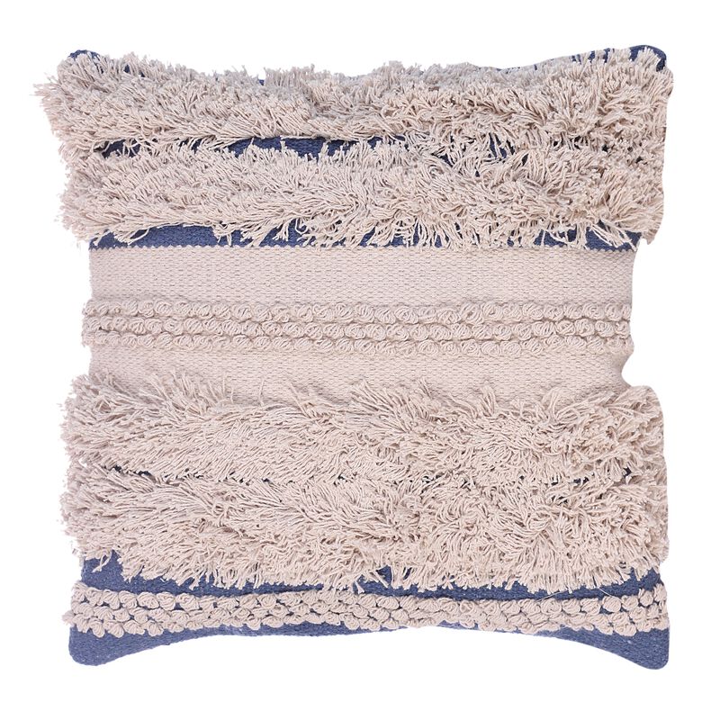 18 x 18 Handcrafted Shaggy Cotton Accent Throw Pillows, Woven Yarn, Set of 2, Beige, Blue-Benzara