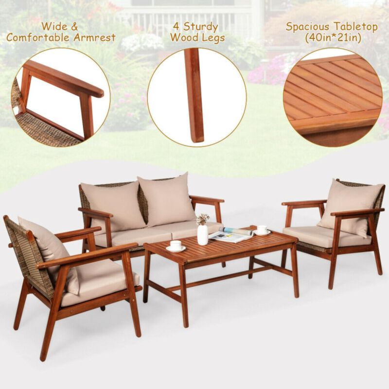 Hivvago 4 Pieces Acacia Wood Patio Rattan Furniture Set with Zippered Cushions
