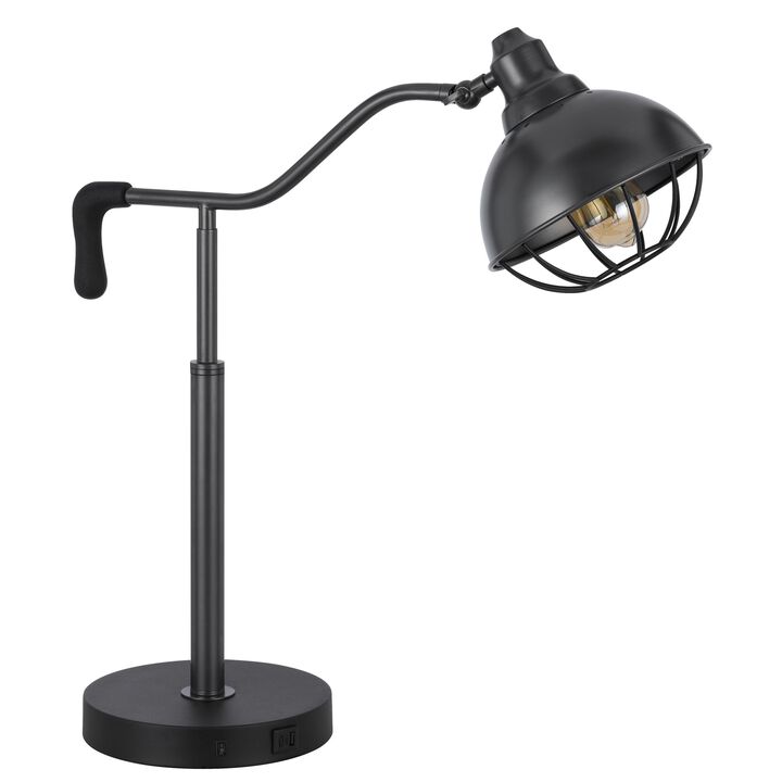 Loga 27 Inch Desk Lamp w Adjustable Cage Style Shade, Black Iron - Benzara