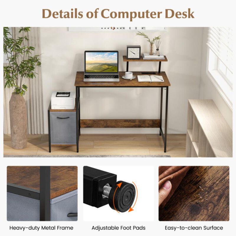 Hivvago Computer Desk with Reversible Storage Drawer and Moveable Shelf-Brown