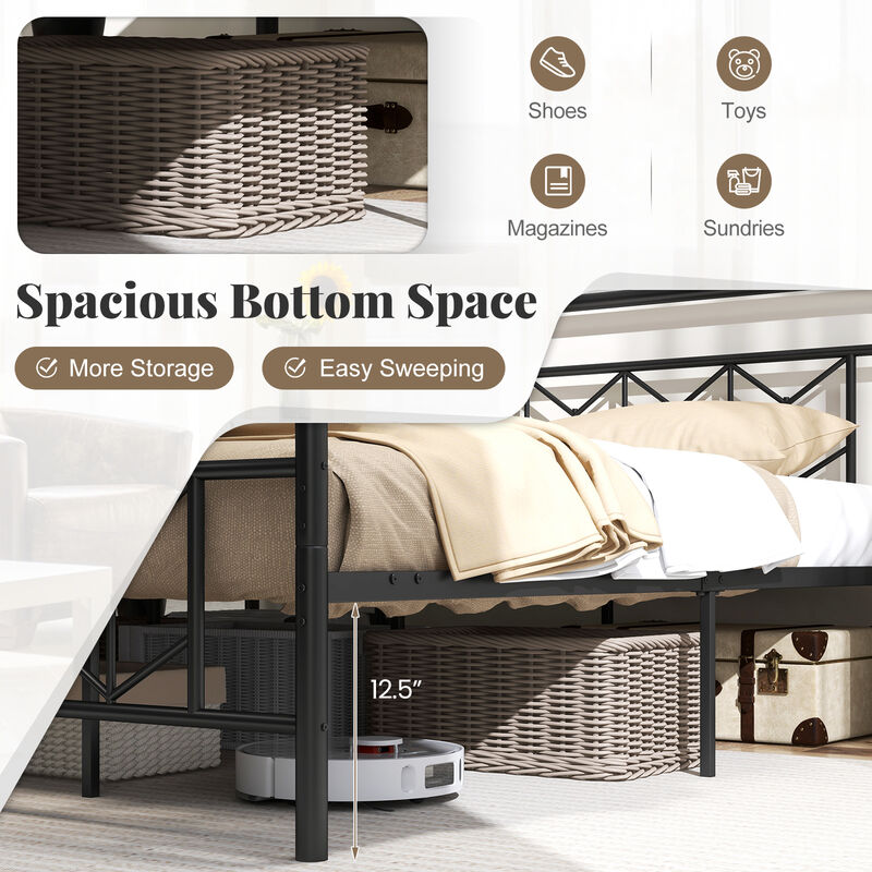 Platform Bed with High Headboard and Snap Lock Metal Slats Support