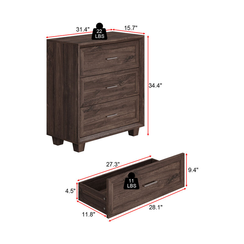 FUFU&GAGA Retro 3-Drawer Bedside Table with Silver Handles, Large Beveled Edge Faux Thick Design and Patterned Drawer Fronts, (34.4 in. W x 31.4 in. D x 15.7 in. H), Dark Brown Wood Grain