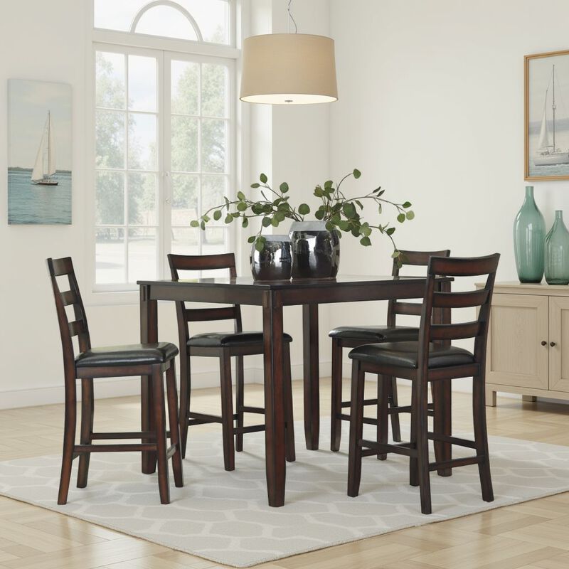 Covvi 5pc Counter Height Dining Table Set, Ladder Chairs, Brown Wood - Benzara