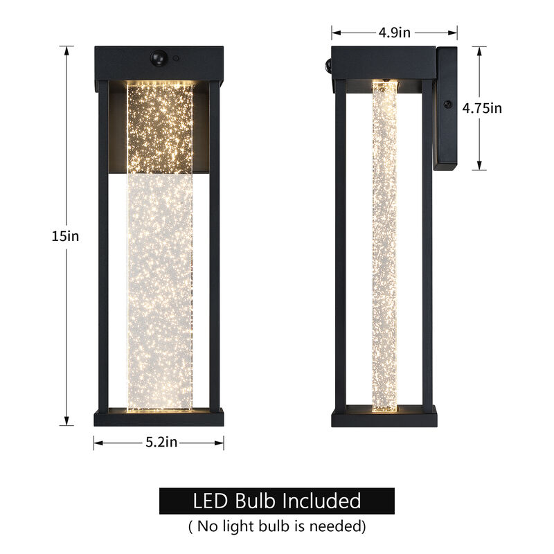 2-Pack Modern Sand Black LED Motion Sensor Outdoor Wall Lights with Bubble Crystal Glass image number 2