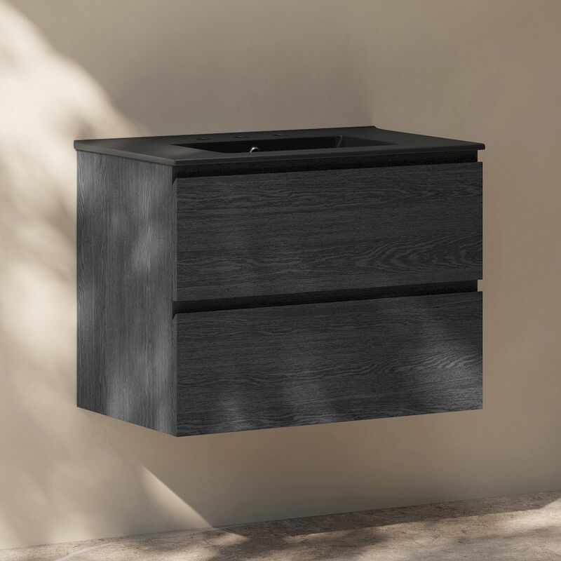 30" Wall-Mounted Bathroom Vanity in Black Oak, Black 3-Hole Widespread Sink Top image number 2
