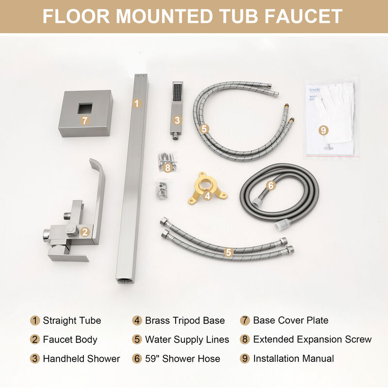 Brushed Nickel Free Standing Tub Faucet Floor Mounted Tub Filler Faucet Brass Bathroom Tub Faucets with Hand Shower
