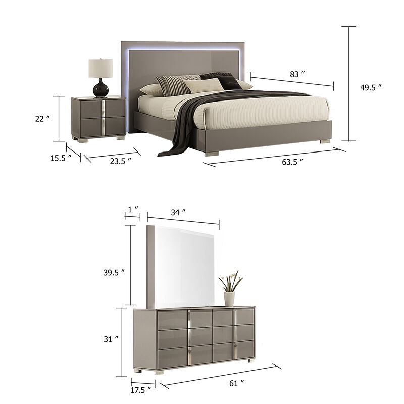 Suni 4pc Complete Queen Bedroom Set w LED Headboard, Light Taupe Gray image number 5
