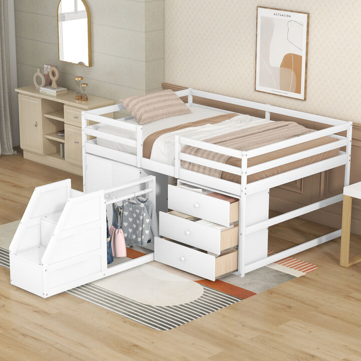 Full Size Functional Loft Bed with Cabinets and Drawers, Hanging Clothes at the back of the Staircase, White