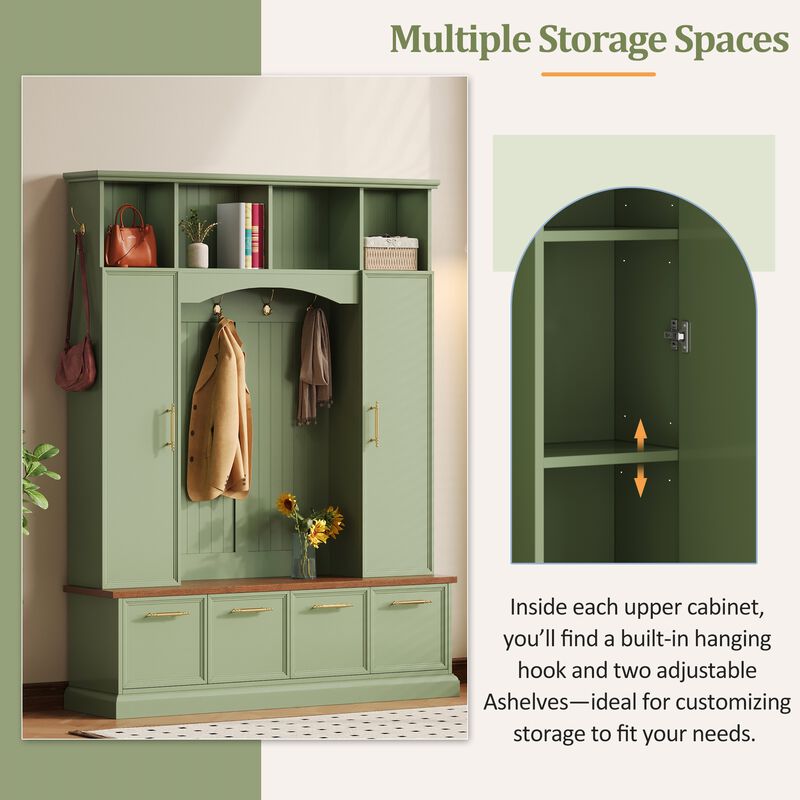 Merax Farmhouse Hall Tree with Gold-Tone Handles, Upper Cabinets with Hooks & Adjustable Shelves image number 5