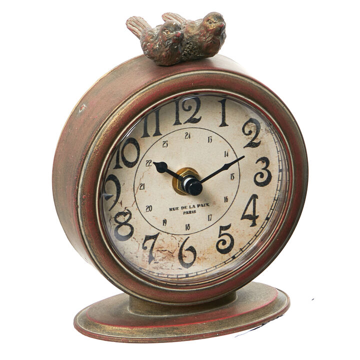 Vintage Pewter Mantel Clock with Birds, Distressed Cream