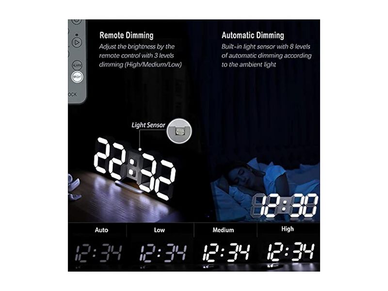 LED Digital Display Table Desk Remote Wall Clock 7 Inch White Home Decor image number 3