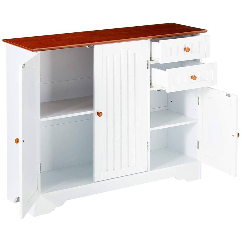 Hivvago White Wood Sideboard Buffet Cabinet with Walnut Finish Top and Knobs