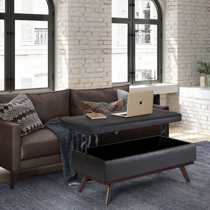 Owen Lift Top Large Coffee Table Storage Ottoman in Distressed Black Faux Leather