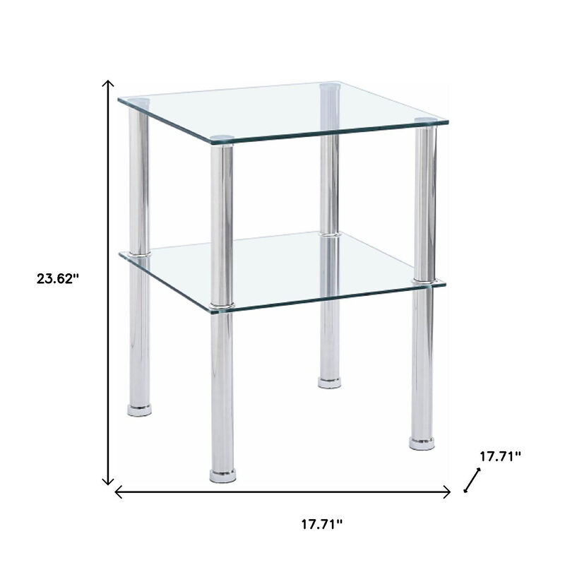 HomeRoots Set of Two Clear and Silver Glass and Metal Square End Tables With Shelf image number 5