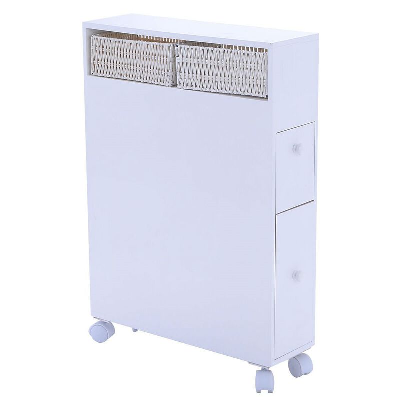 Hivvago White Bathroom Storage Floor Cabinet with Baskets and Casters