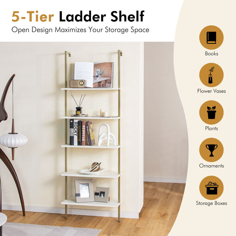 5 Tier Ladder Shelf Wall-Mounted Bookcase with Steel Frame