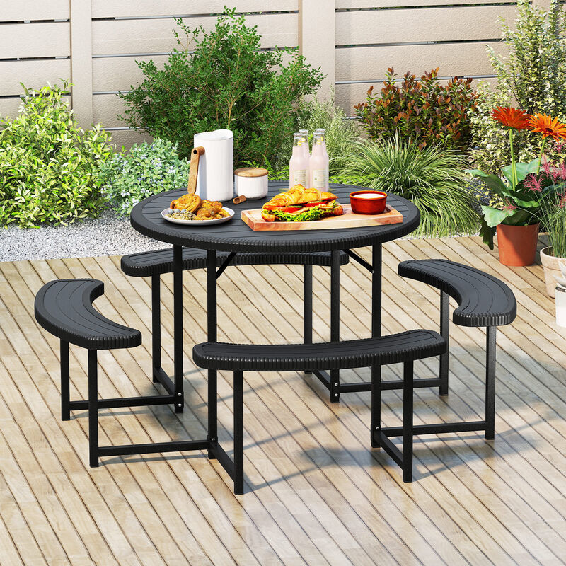 Round Picnic Table Set with 4 Benches and Umbrella Hole &ndash; Outdoor Patio Dining