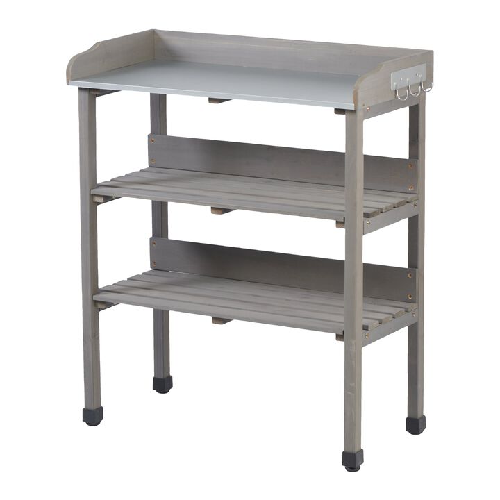 3 Layers Outdoor Work Bench w/Hook, Metal Tabletop, Solid Wood Workstation