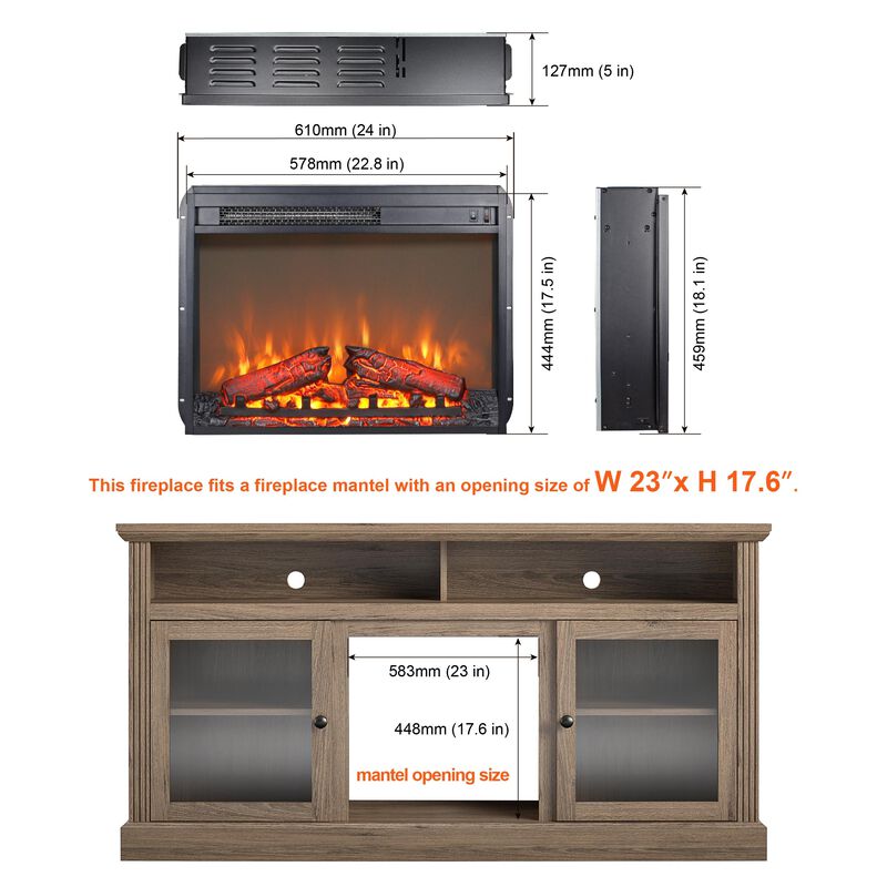 Mondawe 23 Inch Electric Fireplace Insert Heater With Log Set & Realistic Flame, Overheating Protection Without Control