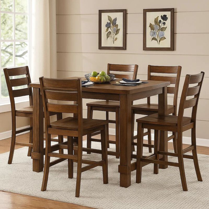 Rustic Plank Wooden Counter Height Table with Block Legs, Oak Brown