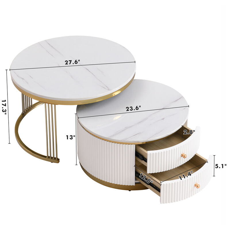 Merax Modern 2 Pieces White Round Nesting Coffee Table with Drawers image number 5