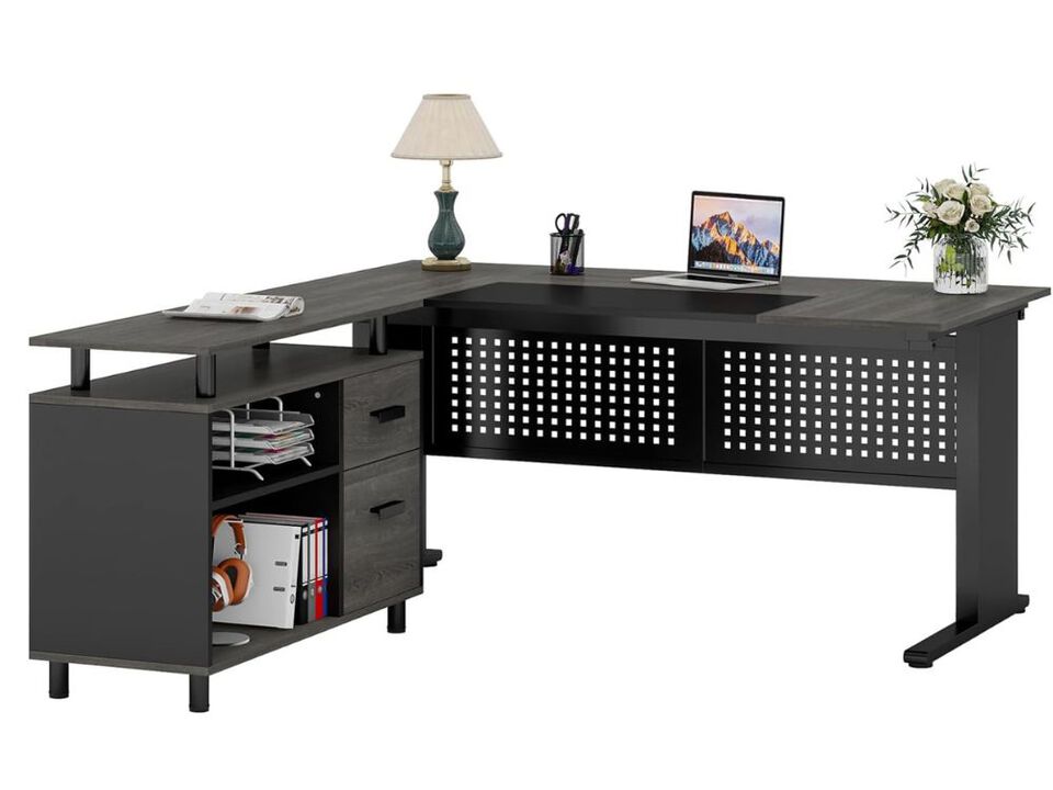 Executive Desk &ndash; 63" L‑Shaped Gray & Black Office Desk with File Cabinet, Drawers & Shelves