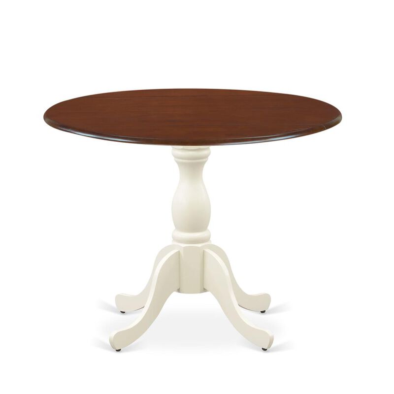 East West Furniture Mid Century Dining Table with Drop Leaves - Mahogany Table Top and Linen White Pedestal Leg Finish