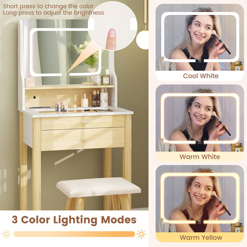 Small Vanity Desk Set with Adjustable LED Lighted Mirror and Power Outlets