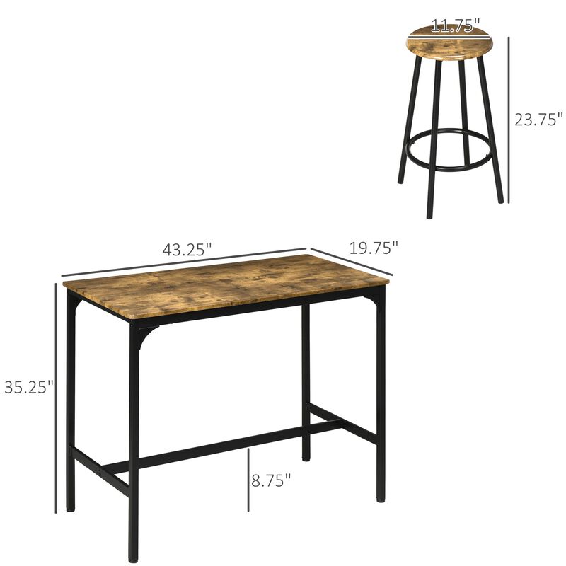 5-Piece Bar Table and Chairs Set, Industrial Space Saving Dining Table and 4 Round Bar Stools with Metal Frame for Pub, Dining Room, Rustic Brown