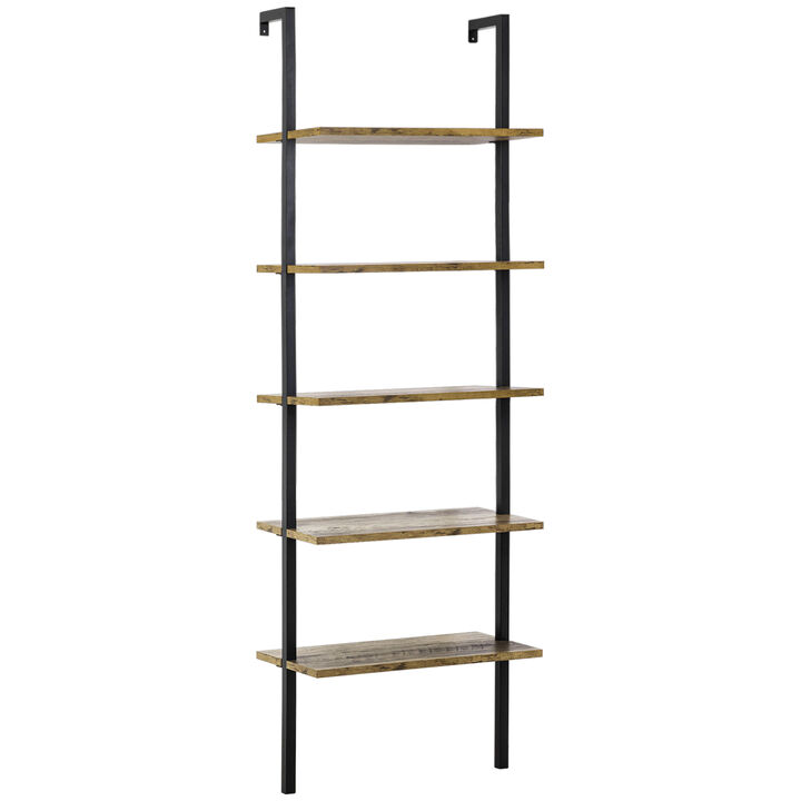 HOMCOM Industrial 5 Tier Ladder Shelf, Wall Mount Storage Shelves Bookcase with Metal Frame, Corner Unit, Plant Flower Rack for Living Room, Balcony, Brown