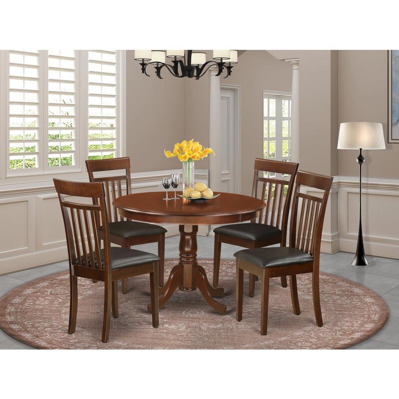 5 Pc set with a Round Table and 4 Leather Dinette Chairs in Mahogany