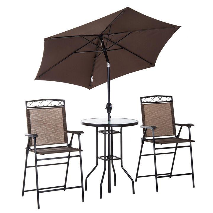 Outsunny 4 Piece Outdoor Patio Dining Furniture Set, 2 Folding Chairs, Adjustable Angle Umbrella, Wave Textured Tempered Glass Dinner Table, Brown