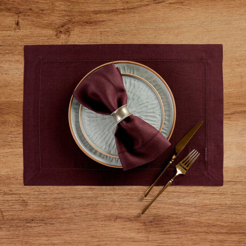 Solino Home 100% Pure Linen Placemats 14 x 19 Inch Set of 4 - Classic Hemstitch